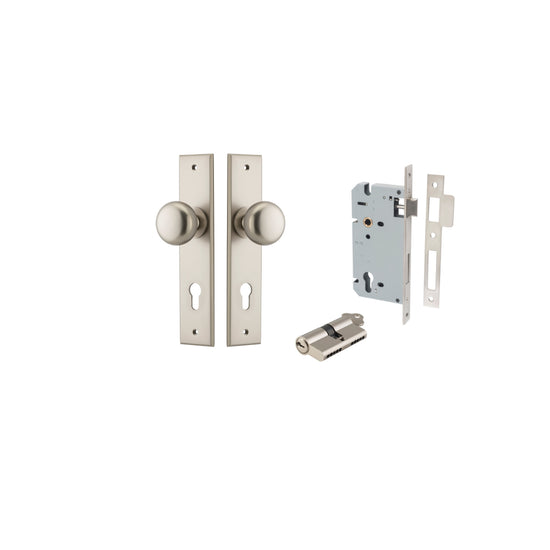 Door Knob Cambridge Chamfered Euro Pair Satin Nickel CTC85mm D55xP62mm BPH240xW50mm, Mortice Lock Euro Satin Nickel CTC85mm Backset 60mm, Euro Cylinder Dual Function 5 Pin Satin Nickel 65mm KA4 in Satin Nickel