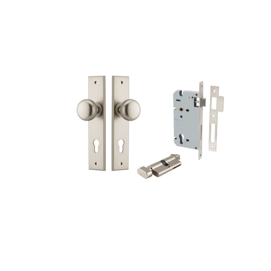 Door Knob Cambridge Chamfered Euro Pair Satin Nickel CTC85mm D55xP62mm BPH240xW50mm, Mortice Lock Euro Satin Nickel CTC85mm Backset 60mm, Euro Cylinder Key Thumb 5 Pin Satin Nickel 65mm KA4 in Satin Nickel