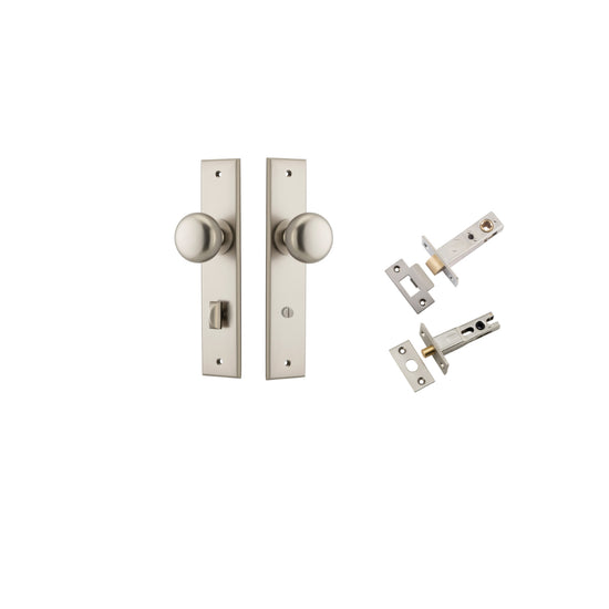 Door Knob Cambridge Chamfered Privacy Satin Nickel CTC85mm D55xP62mm BPH240xW50mm Privacy Kit, Tube Latch Split Cam 'T' Striker Satin Nickel Backset 60mm, Privacy Bolt Round Bolt Satin Nickel Backset 60mm in Satin Nickel