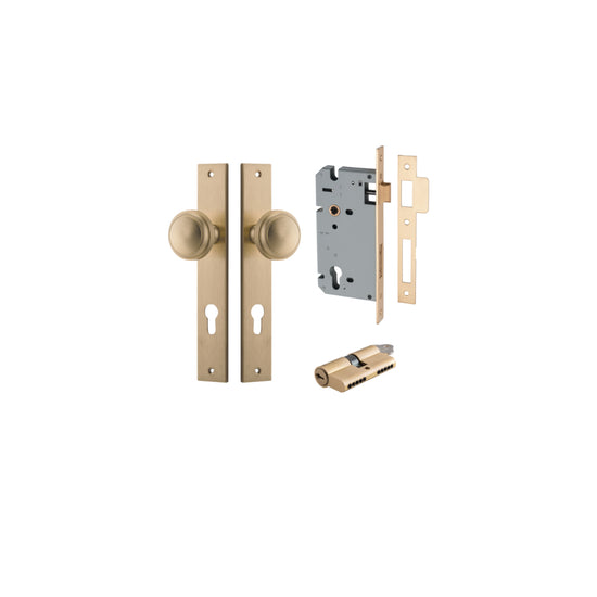 Door Knob Paddington Rectangular Euro Brushed Brass CTC85mm H240xW38xP68mm Entrance Kit, Mortice Lock Euro Brushed Brass CTC85mm Backset 60mm, Euro Cylinder Dual Function 5 Pin Brushed Brass L65mm KA1 in Brushed Brass