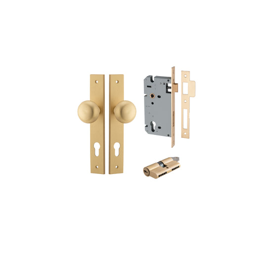 Door Knob Cambridge Rectangular Euro Satin Brass CTC85mm H240xW38xP67mm Entrance Kit, Mortice Lock Euro Brushed Brass CTC85mm Backset 60mm, Euro Cylinder Dual Function 5 Pin Brushed Brass L65mm KA1 in Brushed Brass