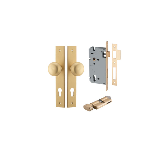 Door Knob Cambridge Rectangular Euro Satin Brass CTC85mm H240xW38xP67mm Entrance Kit, Mortice Lock Euro Brushed Brass CTC85mm Backset 60mm, Euro Cylinder Key Thumb 6 Pin Brushed Brass L70mm   KA1 in Brushed Brass