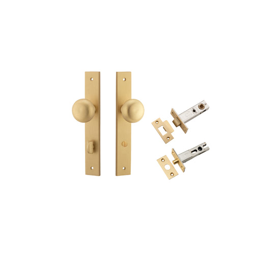 Door Knob Cambridge Rectangular Privacy Satin Brass CTC85mm H240xW38xP67mm Inbuilt Privacy Kit, Tube Latch Split Cam 'T' Striker Brushed Brass Backset 60mm, Privacy Bolt Round Bolt Brushed Brass Backset 60mm in Brushed Brass