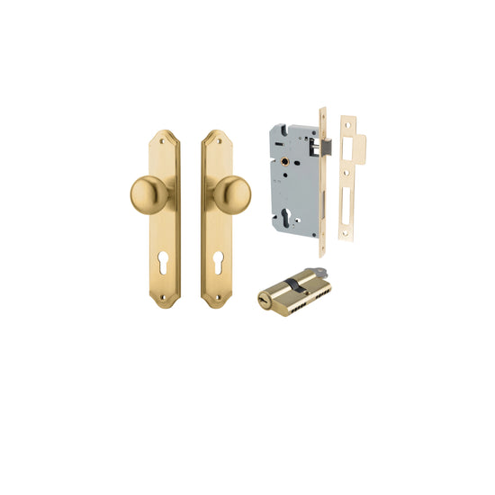 Door Knob Cambridge Shouldered Euro Pair Brushed Brass CTC85mm D55xP62mm BPH250xW48mm, Mortice Lock Euro Brushed Brass CTC85mm Backset 60mm, Euro Cylinder Dual Function 5 Pin Brushed Brass 65mm KA4 in Brushed Brass