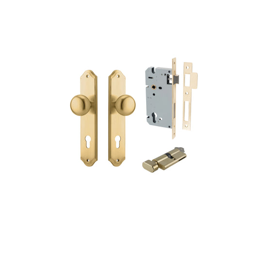 Door Knob Cambridge Shouldered Euro Pair Brushed Brass CTC85mm D55xP62mm BPH250xW48mm, Mortice Lock Euro Brushed Brass CTC85mm Backset 60mm, Euro Cylinder Key Thumb 5 Pin Brushed Brass 65mm KA4 in Brushed Brass