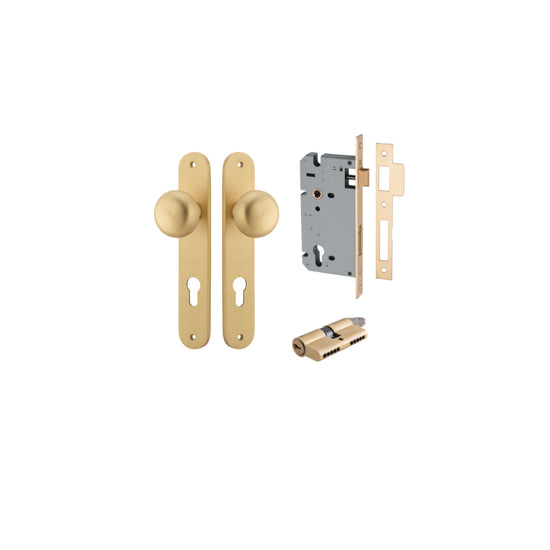 Door Knob Cambridge Oval Euro Brushed Brass CTC85mm H240xW40xP67mm Entrance Kit, Mortice Lock Euro Brushed Brass CTC85mm Backset 60mm, Euro Cylinder Dual Function 5 Pin Brushed Brass L65mm KA1 in Brushed Brass