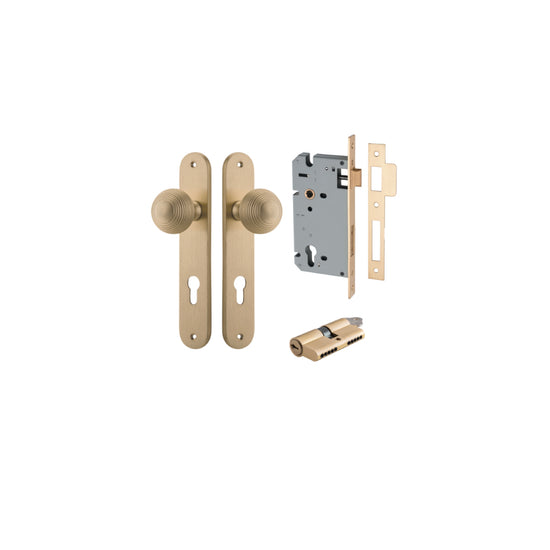 Door Knob Guildford Oval Euro Brushed Brass CTC85mm H240xW40xP60mm Entrance Kit, Mortice Lock Euro Brushed Brass CTC85mm Backset 60mm, Euro Cylinder Dual Function 5 Pin Brushed Brass L65mm KA1 in Brushed Brass