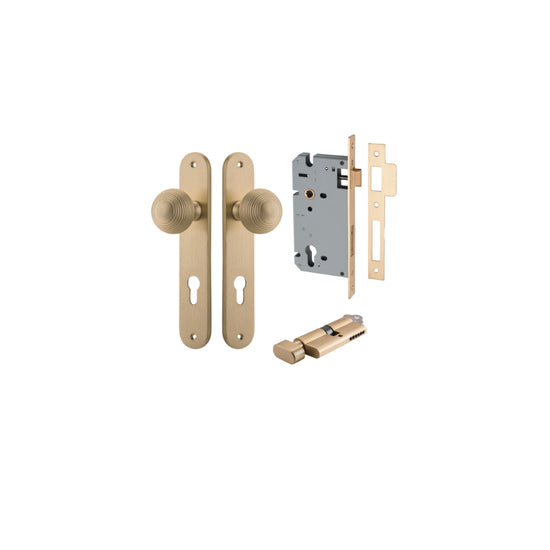 Door Knob Guildford Oval Euro Brushed Brass CTC85mm H240xW40xP60mm Entrance Kit, Mortice Lock Euro Brushed Brass CTC85mm Backset 60mm, Euro Cylinder Key Thumb 6 Pin Brushed Brass L70mm   KA1 in Brushed Brass