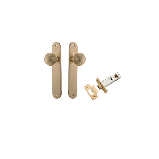 Door Knob Guildford Oval Latch Brushed Brass H240xW40xP60mm Passage Kit, Tube Latch Split Cam 'T' Striker Brushed Brass Backset 60mm in Brushed Brass