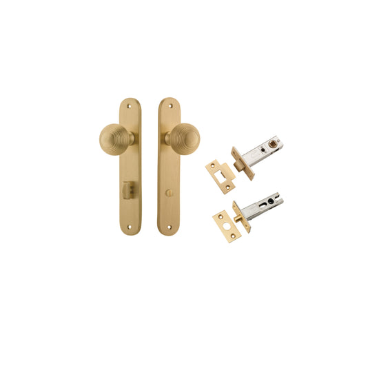 Door Knob Guildford Oval Privacy Brushed Brass CTC85mm H240xW40xP60mm Inbuilt Privacy Kit, Tube Latch Split Cam 'T' Striker Brushed Brass Backset 60mm, Privacy Bolt Round Bolt Brushed Brass Backset 60mm in Brushed Brass