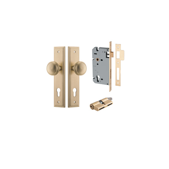 Door Knob Paddington Stepped Euro Brushed Brass CTC85mm H240xW50xP68mm Entrance Kit, Mortice Lock Euro Brushed Brass CTC85mm Backset 60mm, Euro Cylinder Dual Function 5 Pin Brushed Brass L65mm KA1 in Brushed Brass