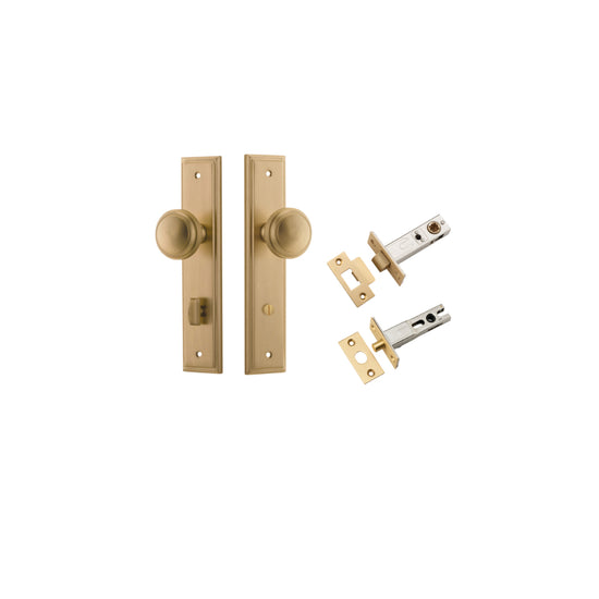 Door Knob Paddington Stepped Privacy Brushed Brass CTC85mm H240xW50xP68mm Inbuilt Privacy Kit, Tube Latch Split Cam 'T' Striker Brushed Brass Backset 60mm, Privacy Bolt Round Bolt Brushed Brass Backset 60mm in Brushed Brass