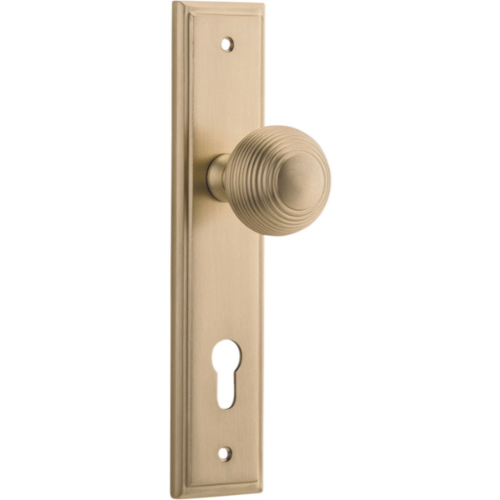 Door Knob Guildford Stepped Euro Brushed Brass CTC85mm H237xW50xP60mm in Brushed Brass