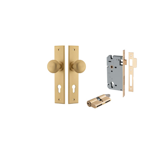 Door Knob Cambridge Chamfered Euro Pair Brushed Brass CTC85mm D55xP62mm BPH240xW50mm, Mortice Lock Euro Brushed Brass CTC85mm Backset 60mm, Euro Cylinder Dual Function 5 Pin Brushed Brass 65mm KA4 in Brushed Brass