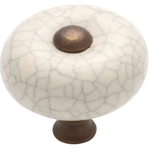 Cupboard Knob Crazed Ivory Porcelain Round Antique Brass D32xP29mm in Antique Brass