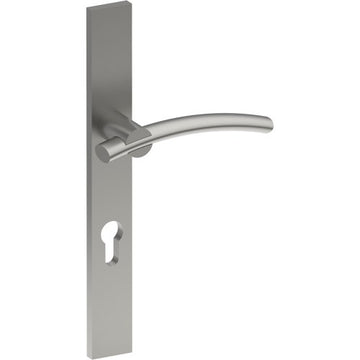 LAGUNA Door Handle on B02 EXTERNAL European Standard Backplate with Cylinder Hole, Concealed Fixing (Half Set) 85mm CTC in Satin Stainless