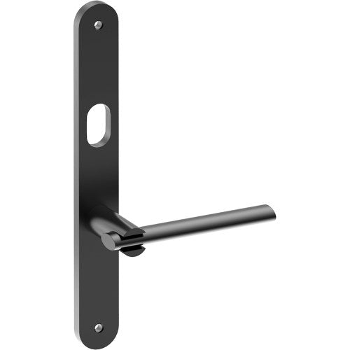 PRONTO Door Handle on B01 INTERNAL Australian Standard Backplate with Cylinder Hole, Visible Fixing (Half Set) 64mm CTC in Black Teflon