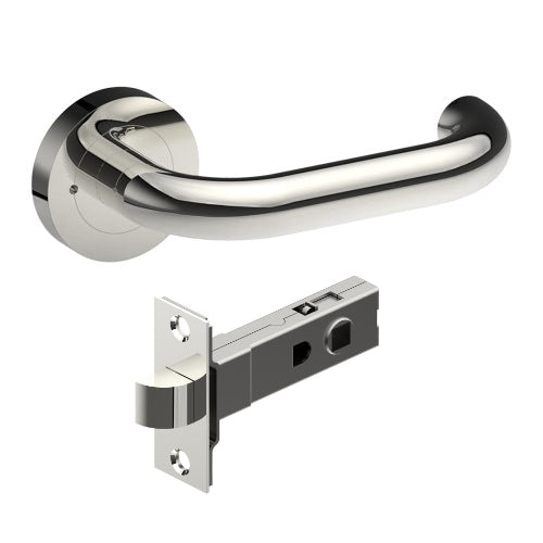 SAFETY Door Handles on Ø52mm Integrated Privacy Rose inc. Latch in Polished Stainless