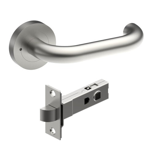 SAFETY Door Handles on Ø52mm Integrated Privacy Rose inc. Latch in Satin Stainless