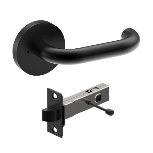 SAFETY Door Handles on Ø65mm Integrated Privacy Rose inc. Latch in Black Teflon