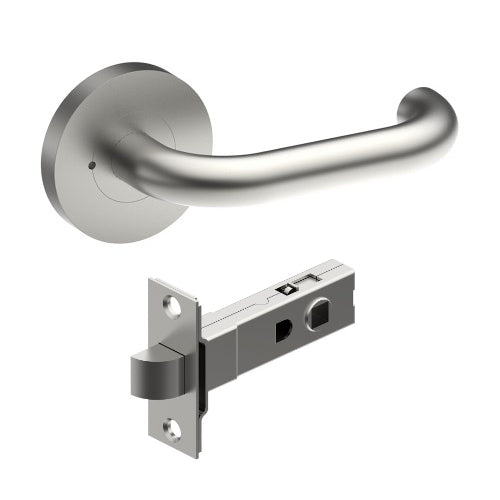 SAFETY Door Handles on Ø65mm Integrated Privacy Rose inc. Latch in Satin Stainless