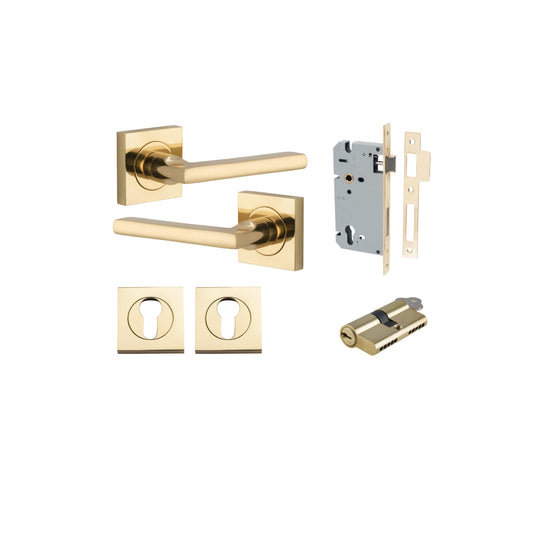 Door Lever Baltimore Square Rose Pair Polished Brass H52xW52xP55mm Entrance Kit, Mortice Lock Euro Polished Brass CTC85mm Backset 60mm, Euro Cylinder Dual Function 5 Pin Polished Brass L65mm KA1, Escutcheon Euro Concealed Fix Square Pair Polished … in Pol