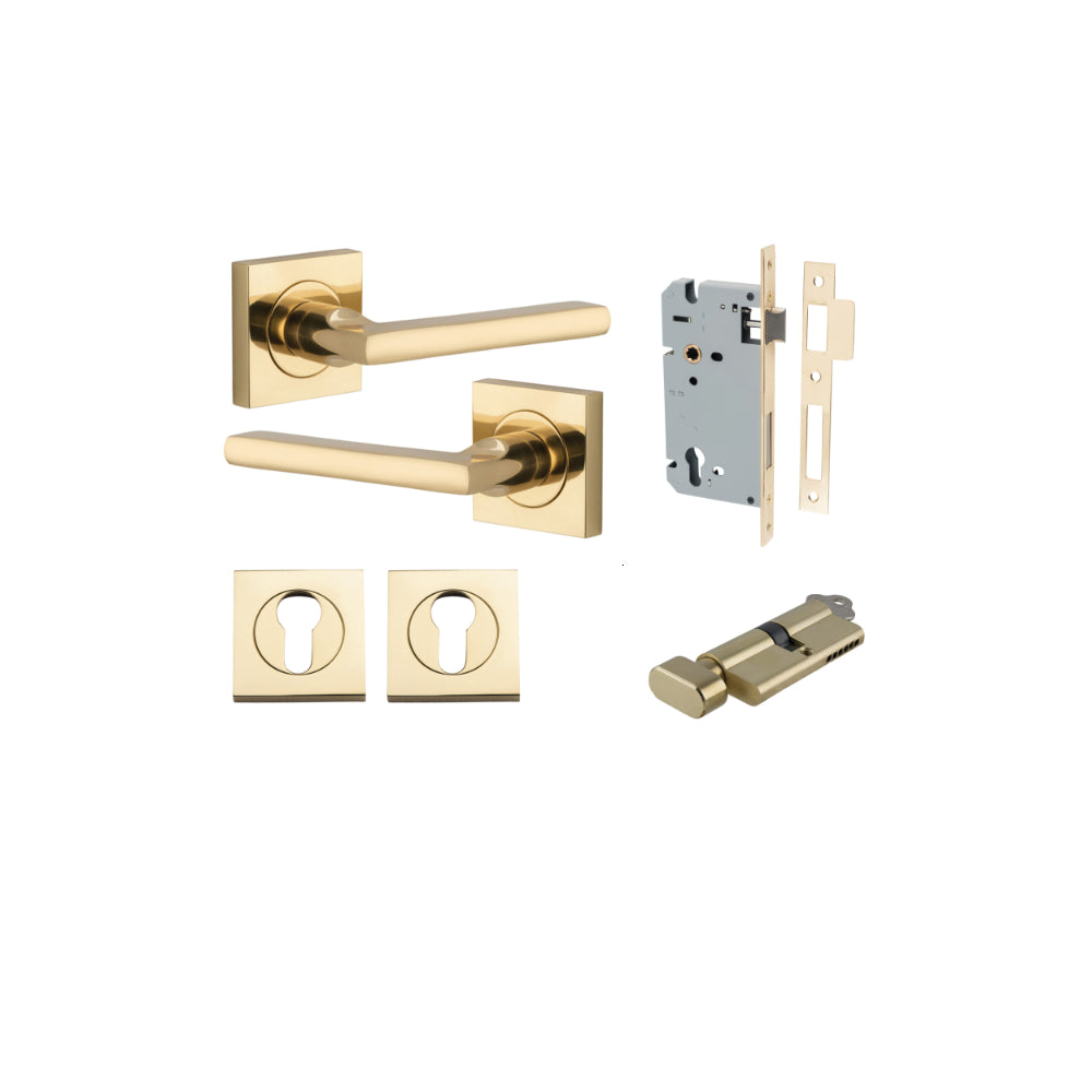 Door Lever Baltimore Square Rose Pair Polished Brass H52xW52xP55mm Entrance Kit, Mortice Lock Euro Polished Brass CTC85mm Backset 60mm, Euro Cylinder Key Thumb 6 Pin Polished Brass L70mm KA1, Escutcheon Euro Concealed Fix Square Pair Polished Bras… in Pol