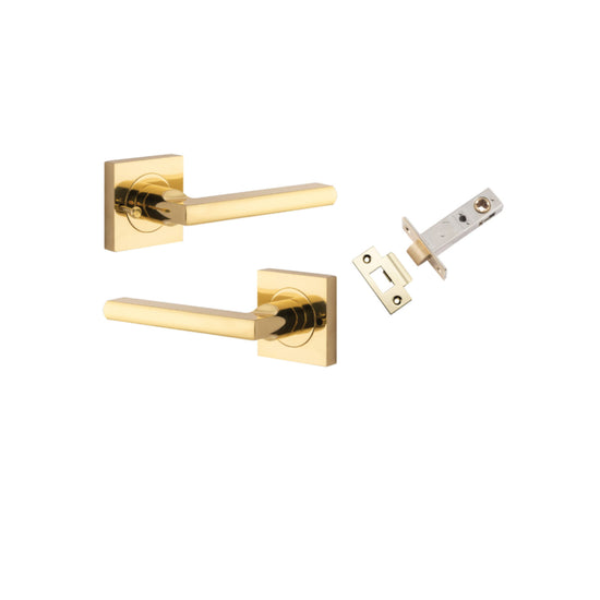 Door Lever Baltimore Square Rose Inbuilt Privacy Pair Polished Brass H52xW52xP55mm with Tube Latch Privacy with Faceplate & T Striker Backset 60mm in Polished Brass