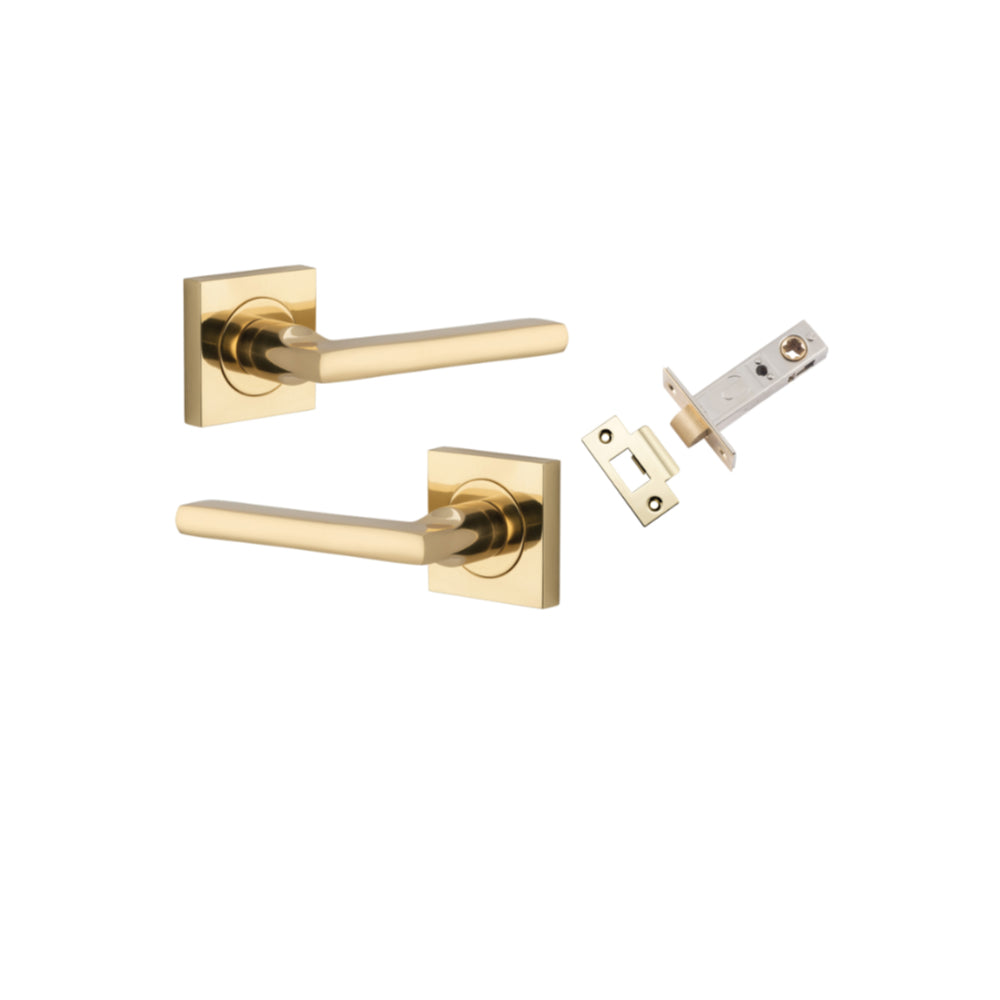 Door Lever Baltimore Square Rose Pair Polished Brass H52xW52xP55mm Passage Kit, Tube Latch Split Cam 'T' Striker Polished Brass Backset 60mm in Polished Brass