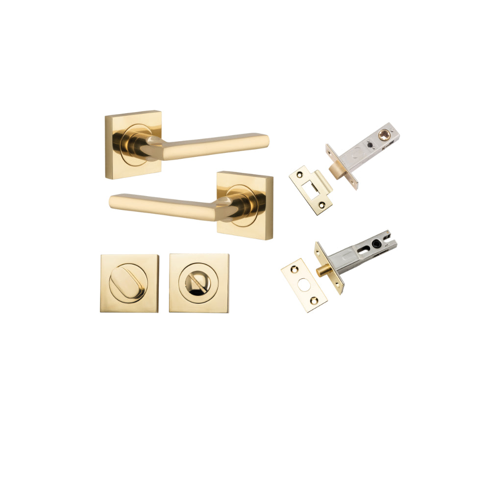 Door Lever Baltimore Square Rose Pair Polished Brass H52xW52xP55mm Privacy Kit, Tube Latch Split Cam 'T' Striker Polished Brass Backset 60mm, Privacy Bolt Round Bolt Polished Brass Backset 60mm, Privacy Turn Oval Concealed Fix Square Polished Bras… in Pol