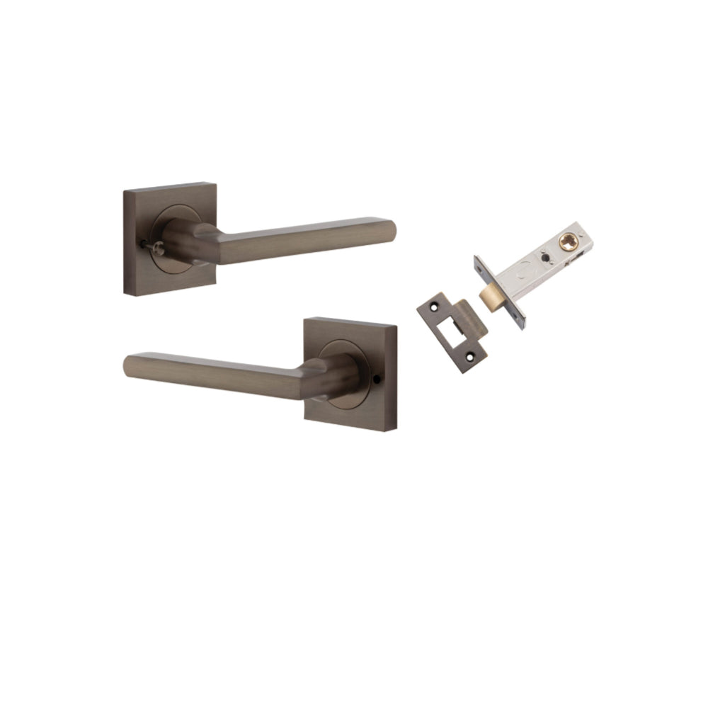 Door Lever Baltimore Square Rose Inbuilt Privacy Pair Signature Brass H52xW52xP55mm with Tube Latch Privacy with Faceplate & T Striker Backset 60mm in Signature Brass