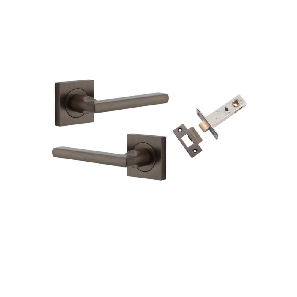 Door Lever Baltimore Square Rose Pair Signature Brass H52xW52xP55mm Passage Kit, Tube Latch Split Cam 'T' Striker Signature Brass Backset 60mm in Signature Brass