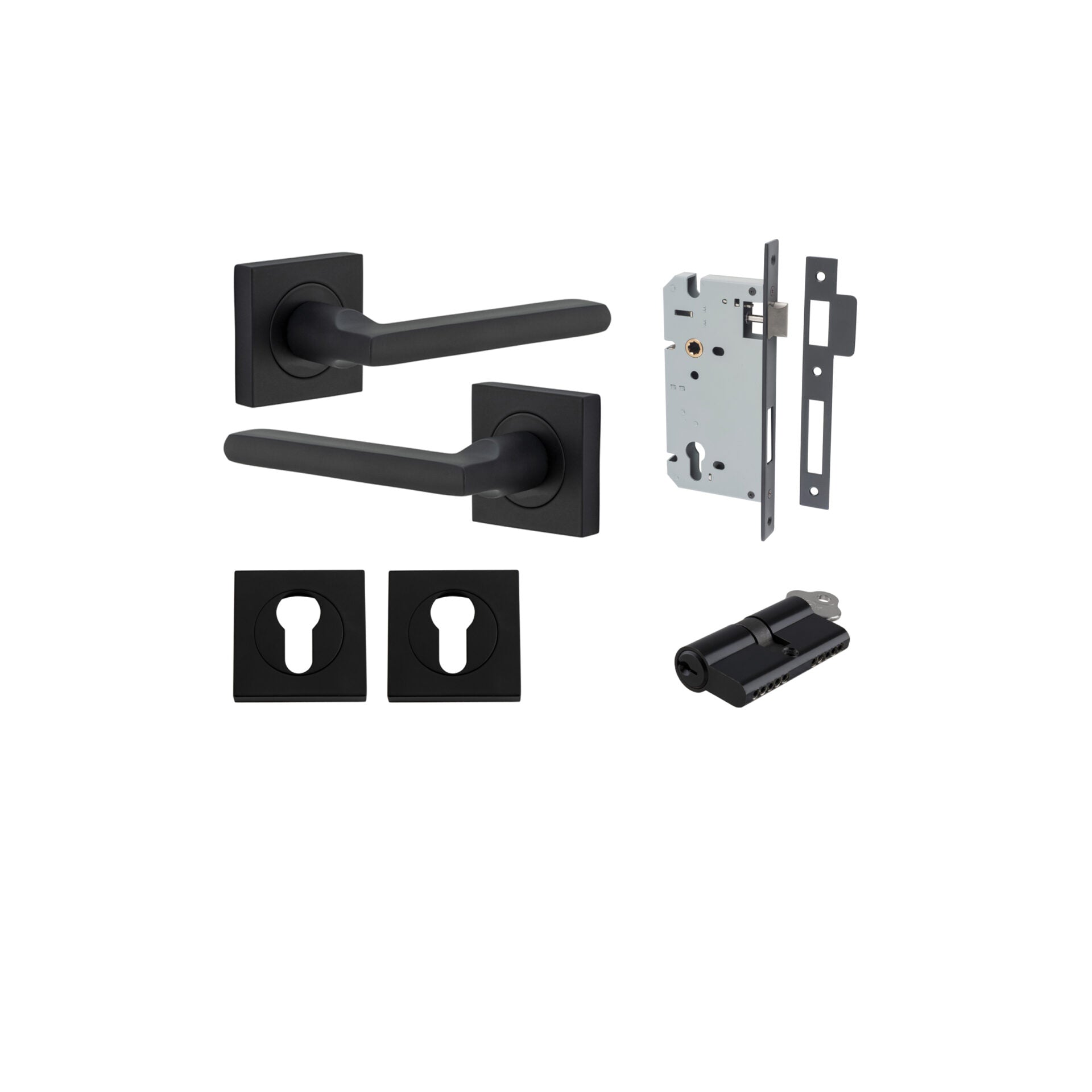 Door Lever Baltimore Square Rose Pair Matt Black H52xW52xP55mm Entrance Kit, Mortice Lock Euro Matt Black CTC85mm Backset 60mm, Euro Cylinder Dual Function 5 Pin Matt Black L65mm KA1, Escutcheon Euro Concealed Fix Square Pair Matt Black H52xW52xP10mm in M