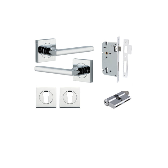 Door Lever Baltimore Square Rose Pair Polished Chrome H52xW52xP55mm Entrance Kit, Mortice Lock Euro Polished Chrome CTC85mm Backset 60mm, Euro Cylinder Dual Function 5 Pin Polished Chrome L65mm KA1, Escutcheon Euro Concealed Fix Square Pair Polish… in Pol