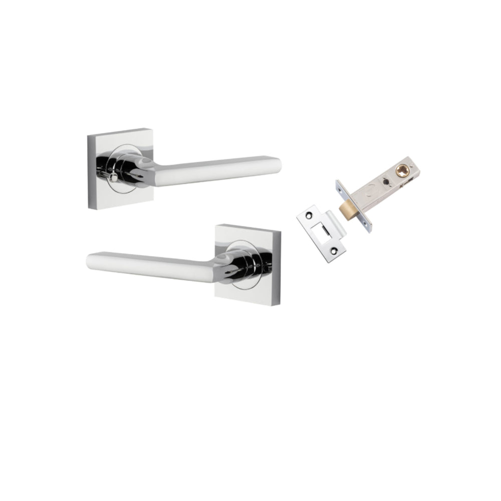 Door Lever Baltimore Square Rose Inbuilt Privacy Pair Polished Chrome H52xW52xP55mm with Tube Latch Privacy with Faceplate & T Striker Backset 60mm in Polished Chrome