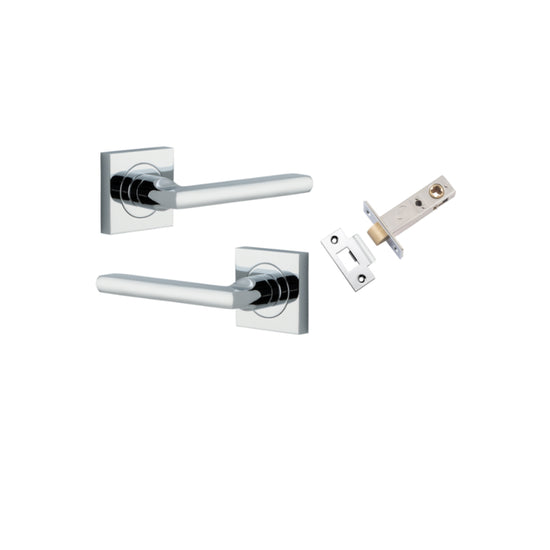 Door Lever Baltimore Square Rose Pair Polished Chrome H52xW52xP55mm Passage Kit, Tube Latch Split Cam 'T' Striker Polished Chrome Backset 60mm in Polished Chrome