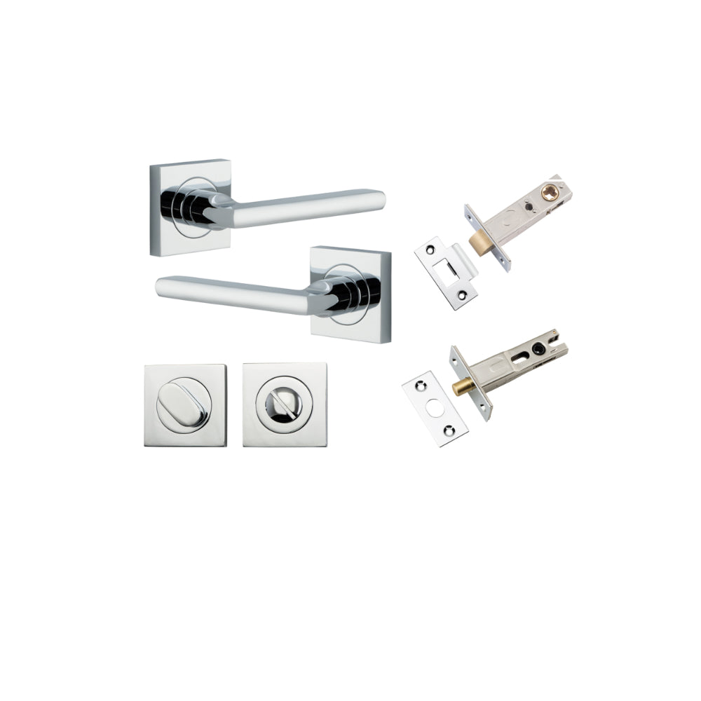 Door Lever Baltimore Square Rose Pair Polished Chrome H52xW52xP55mm Privacy Kit, Tube Latch Split Cam 'T' Striker Polished Chrome Backset 60mm, Privacy Bolt Round Bolt Polished Chrome Backset 60mm, Privacy Turn Oval Concealed Fix Square Polished C… in Pol