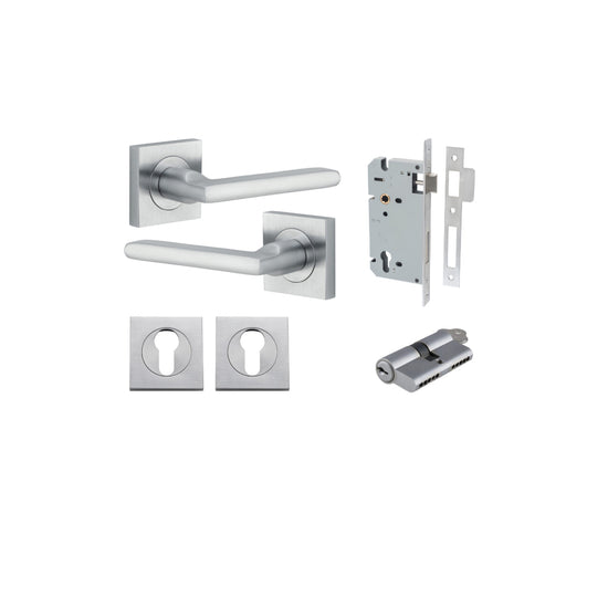 Door Lever Baltimore Square Rose Pair Brushed Chrome H52xW52xP55mm Entrance Kit, Mortice Lock Euro Brushed Chrome CTC85mm Backset 60mm, Euro Cylinder Dual Function 5 Pin Brushed Chrome L65mm KA1, Escutcheon Euro Concealed Fix Square Pair Brushed C… in Bru