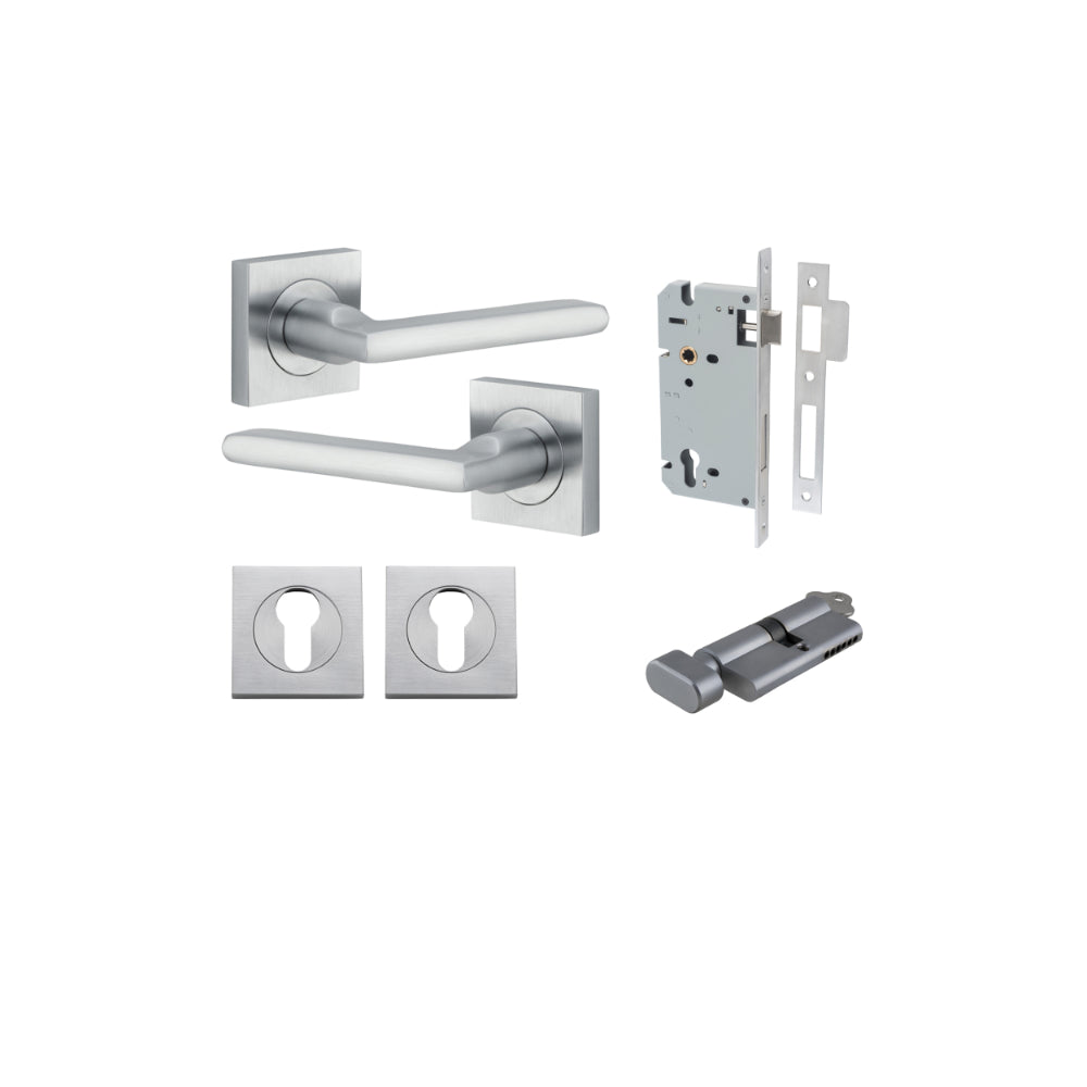 Door Lever Baltimore Square Rose Pair Brushed Chrome H52xW52xP55mm Entrance Kit, Mortice Lock Euro Brushed Chrome CTC85mm Backset 60mm, Euro Cylinder Key Thumb 6 Pin Brushed Chrome L70mm KA1, Escutcheon Euro Concealed Fix Square Pair Brushed Chrom… in Bru