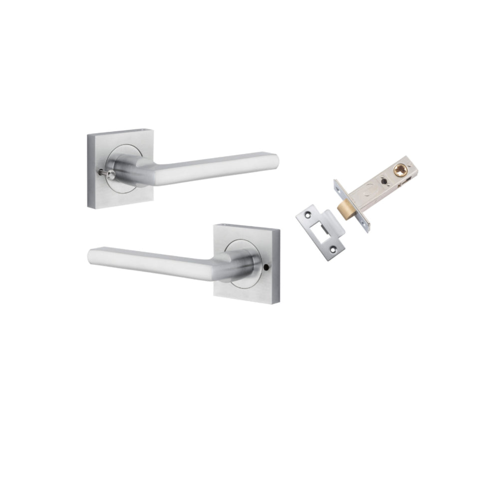 Door Lever Baltimore Square Rose Inbuilt Privacy Pair Brushed Chrome H52xW52xP55mm with Tube Latch Privacy with Faceplate & T Striker Backset 60mm in Brushed Chrome