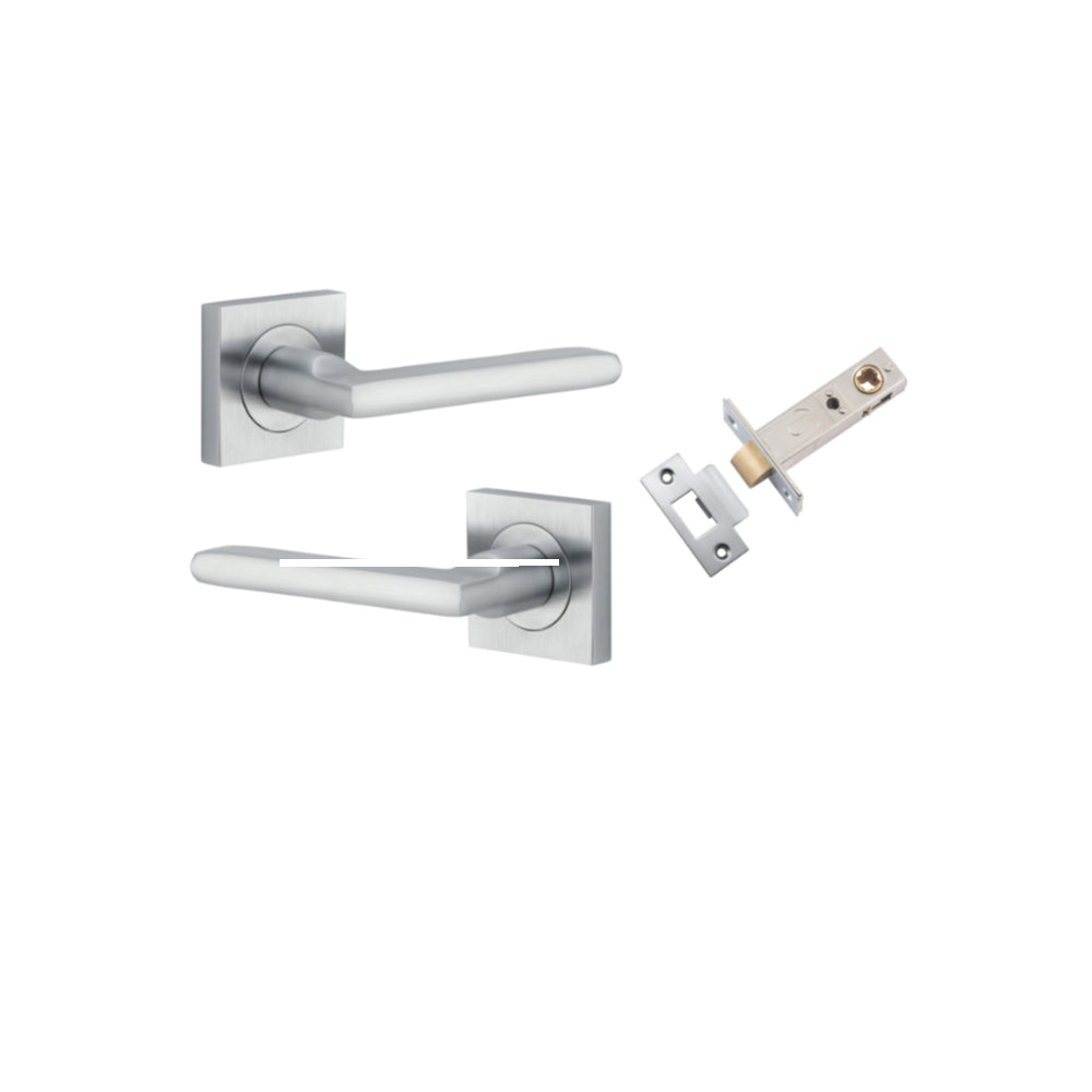 Door Lever Baltimore Square Rose Pair Brushed Chrome H52xW52xP55mm Passage Kit, Tube Latch Split Cam 'T' Striker Brushed Chrome Backset 60mm in Brushed Chrome