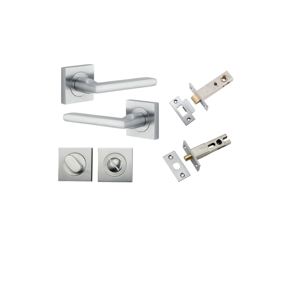 Door Lever Baltimore Square Rose Pair Brushed Chrome H52xW52xP55mm Privacy Kit, Tube Latch Split Cam 'T' Striker Brushed Chrome Backset 60mm, Privacy Bolt Round Bolt Brushed Chrome Backset 60mm, Privacy Turn Oval Concealed Fix Square Brushed Chrom… in Bru