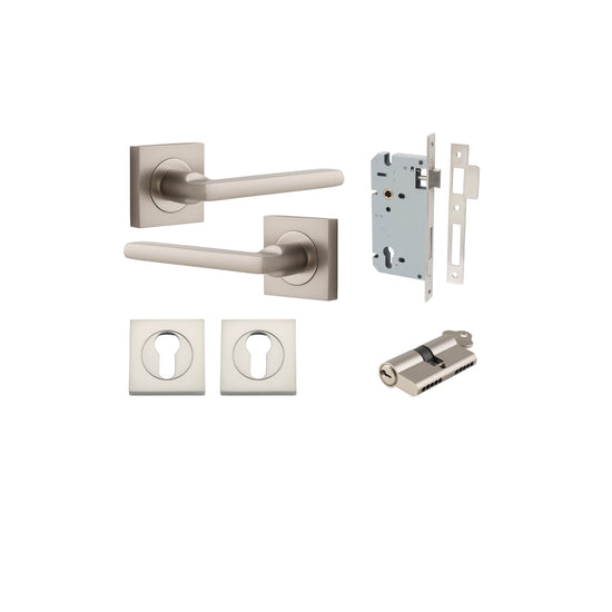 Door Lever Baltimore Square Rose Pair Satin Nickel H52xW52xP55mm Entrance Kit, Mortice Lock Euro Satin Nickel CTC85mm Backset 60mm, Euro Cylinder Dual Function 5 Pin Satin Nickel L65mm KA1, Escutcheon Euro Concealed Fix Square Pair Satin Nickel H5… in Sat