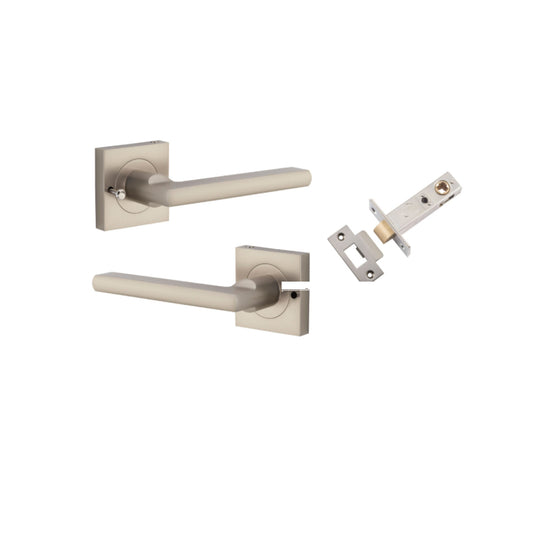 Door Lever Baltimore Square Rose Inbuilt Privacy Pair Satin Nickel H52xW52xP55mm with Tube Latch Privacy with Faceplate & T Striker Backset 60mm in Satin Nickel