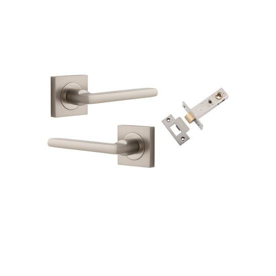 Door Lever Baltimore Square Rose Pair Satin Nickel H52xW52xP55mm Passage Kit, Tube Latch Split Cam 'T' Striker Satin Nickel Backset 60mm in Satin Nickel