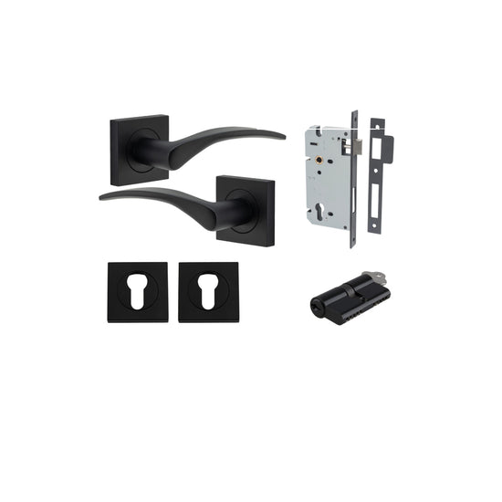 Door Lever Oxford Square Rose Pair Matt Black H52xW52xP60mm Entrance Kit, Mortice Lock Euro Matt Black CTC85mm Backset 60mm, Euro Cylinder Dual Function 5 Pin Matt Black L65mm KA1, Escutcheon Euro Concealed Fix Square Pair Matt Black H52xW52xP10mm in Matt