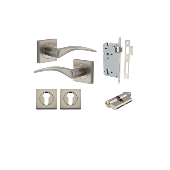 Door Lever Oxford Square Rose Pair Satin Nickel H52xW52xP60mm Entrance Kit, Mortice Lock Euro Satin Nickel CTC85mm Backset 60mm, Euro Cylinder Dual Function 5 Pin Satin Nickel L65mm KA1, Escutcheon Euro Concealed Fix Square Pair Satin Nickel H52xW… in Sat