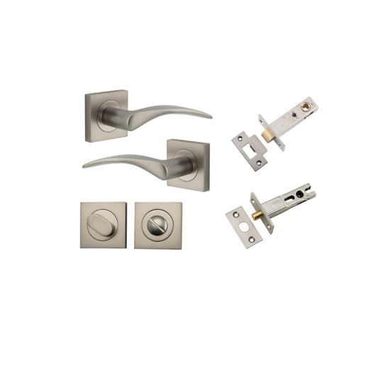 Door Lever Oxford Square Rose Pair Satin Nickel H52xW52xP60mm Privacy Kit, Tube Latch Split Cam 'T' Striker Satin Nickel Backset 60mm, Privacy Bolt Round Bolt Satin Nickel Backset 60mm, Privacy Turn Oval Concealed Fix Square Satin Nickel H52xW52xP… in Sat