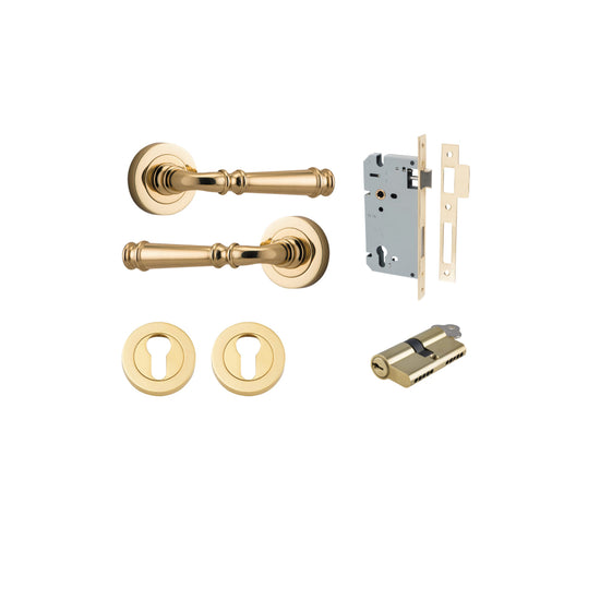 Door Lever Verona Round Rose Pair Polished Brass D52xP59mm Entrance Kit, Mortice Lock Euro Polished Brass CTC85mm Backset 60mm, Euro Cylinder Dual Function 5 Pin Polished Brass L65mm KA1, Escutcheon Euro Concealed Fix Round Pair Polished Brass D52… in Pol