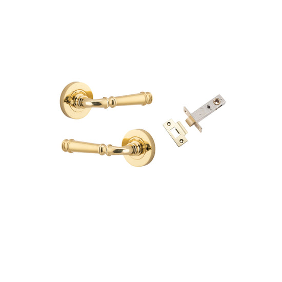 Door Lever Verona Round Rose Inbuilt Privacy Pair Polished Brass D58xP59mm with Tube Latch Privacy with Faceplate & T Striker Backset 60mm in Polished Brass